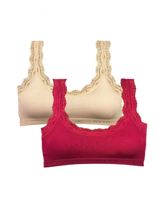 2 Adet Dantel Nakış İşlemeli Pedli Bambu Kadın Büstiyer Ten Bordo