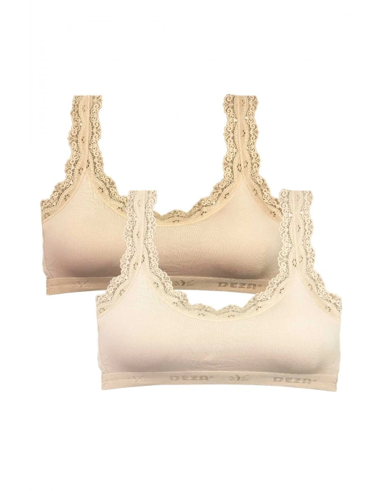 2 Adet Dantel Nakış İşlemeli Pedli Bambu Kadın Büstiyer Ten Krem