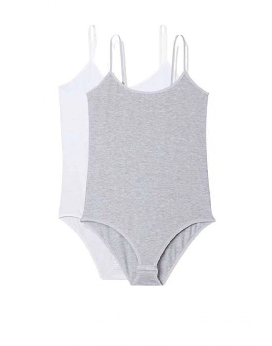 2 Adet İp Askılı Kadın Çıtçıtlı Body Beyaz ve Gri