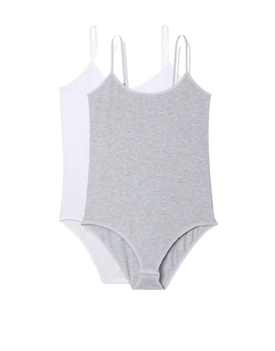 2 Adet İp Askılı Kadın Çıtçıtlı Body Beyaz ve Gri