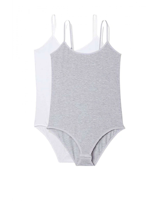 2 Adet İp Askılı Kadın Çıtçıtlı Body Beyaz ve Gri