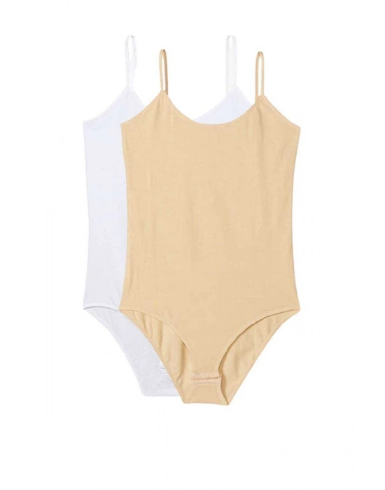 2 Adet İp Askılı Kadın Çıtçıtlı Body Beyaz ve Ten