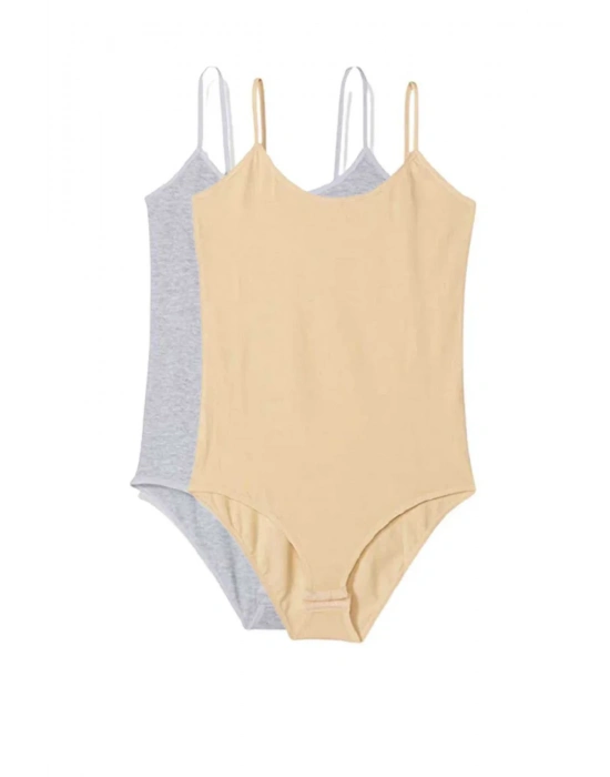 2 Adet İp Askılı Kadın Çıtçıtlı Body Gri ve Ten