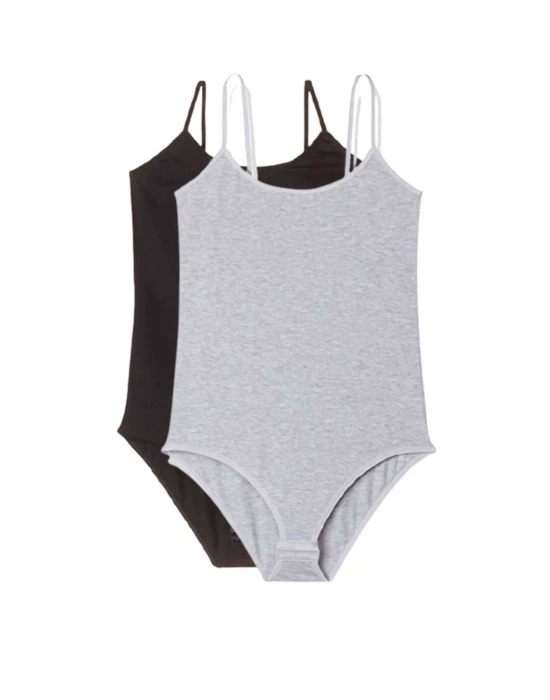 2 Adet İp Askılı Kadın Çıtçıtlı Body Siyah ve Gri