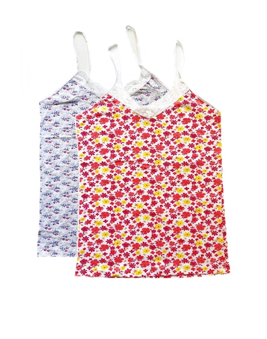 2 Adet Kadın Askılı Desenli Atlet Dantelli Empirme Pamuklu Penye D7-8