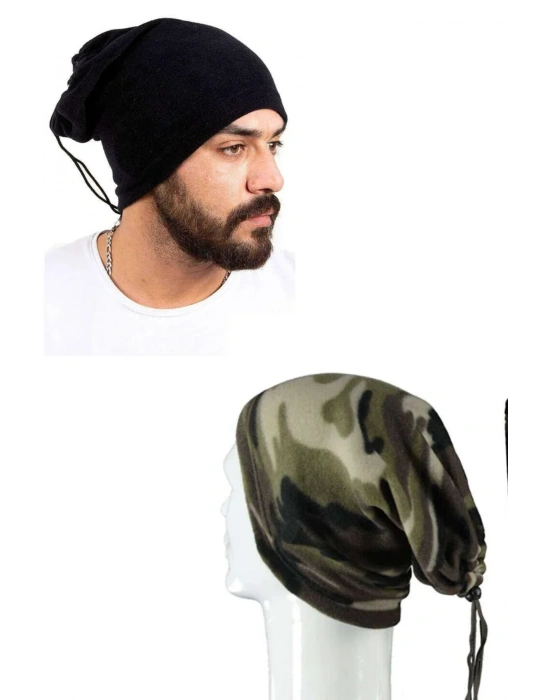 2 Adet Polar İpli Bere ve Boyunluk Siyah Kamuflaj