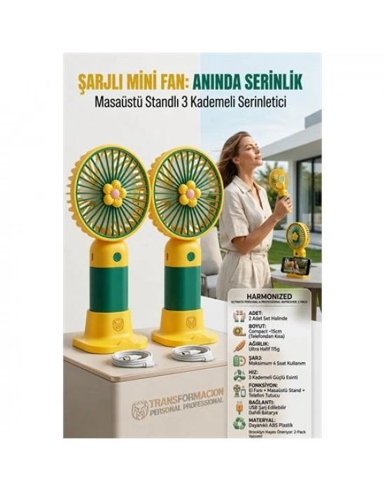 2 ADET Şarjlı Mini El Fanı Taşınabilir Masaüstü Vantilatör max 4 saat 723211