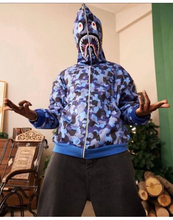 2 İplik Bape Kapüşonu Fermuarlı Hırka - Mavi