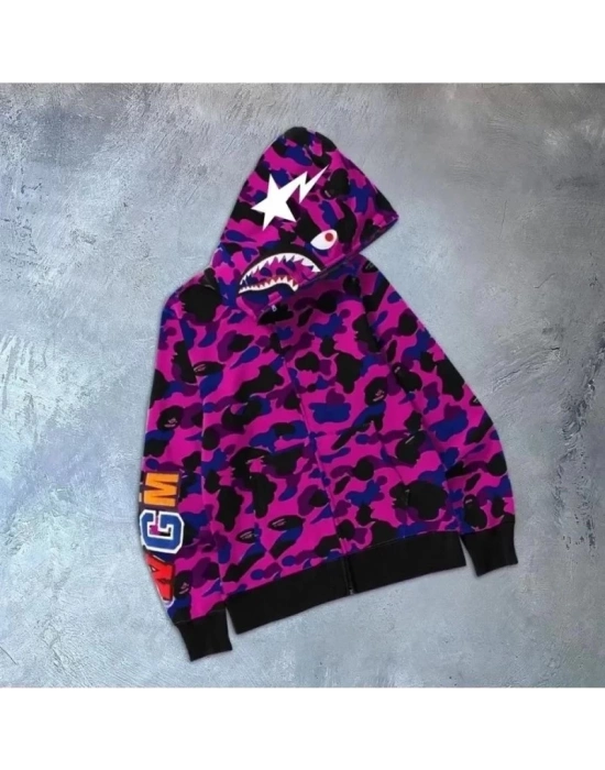 2 İplik Bape Kapüşonu Fermuarlı Hırka - Mor