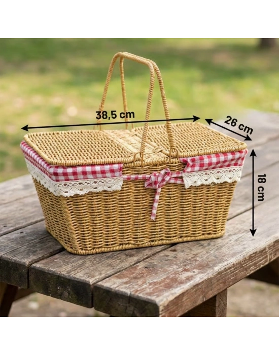 ®  2 Kapaklı Dikdörtgen Plastik Rattan Piknik Sepeti – Doğal Hasır Görünümlü Çok Amaçlı Piknik, Plaj ve Bahçe Sepeti