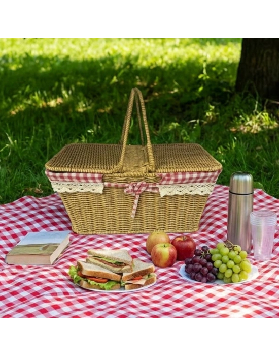 ®  2 Kapaklı Dikdörtgen Plastik Rattan Piknik Sepeti – Doğal Hasır Görünümlü Çok Amaçlı Piknik, Plaj ve Bahçe Sepeti