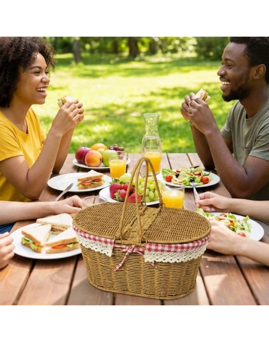 ®  2 Kapaklı Oval Plastik Rattan Piknik Sepeti – Doğal Hasır Görünümlü Çok Amaçlı Piknik, Plaj ve Bahçe Sepeti