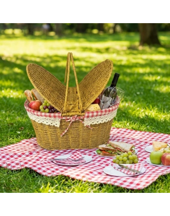 ®  2 Kapaklı Oval Plastik Rattan Piknik Sepeti – Doğal Hasır Görünümlü Çok Amaçlı Piknik, Plaj ve Bahçe Sepeti