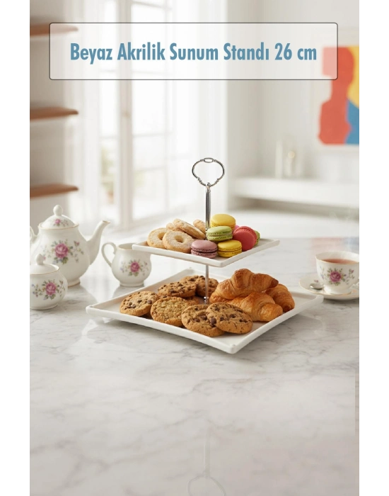 2 Katlı Beyaz Akrilik Meyvelik & Kurabiyelik & Sunum Standı - 26 cm