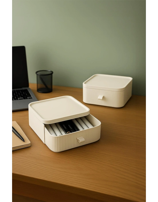 2 Katlı Çekmeceli Kalemlik & Ofis Masa Üstü Düzenleyici & Çok Amaçlı Organizer Beyaz