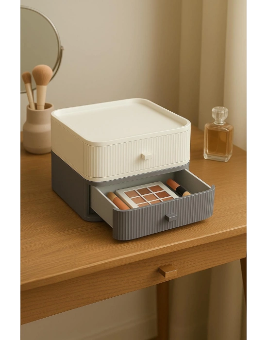 2 Katlı Çekmeceli Makyaj Organizeri & Çok Amaçlı Düzenleyici Gri Beyaz