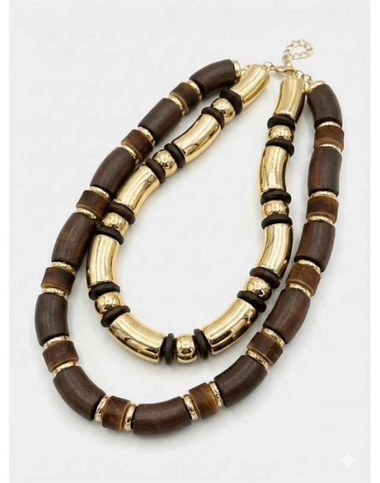 2li Ahşap Kolye - Kahverengi