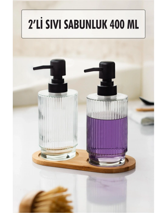 2 Li Bambu Altlıklı Sıvı Sabunluk Seti