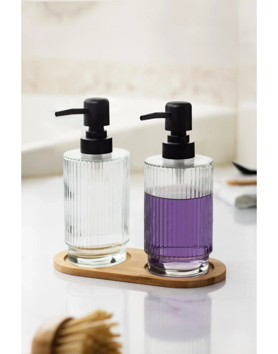 2 Li Bambu Altlıklı Sıvı Sabunluk Seti