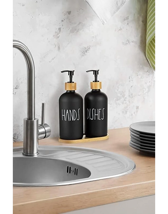 2 Li Bambu Altlıklı Sıvı Sabunluk Seti Siyah