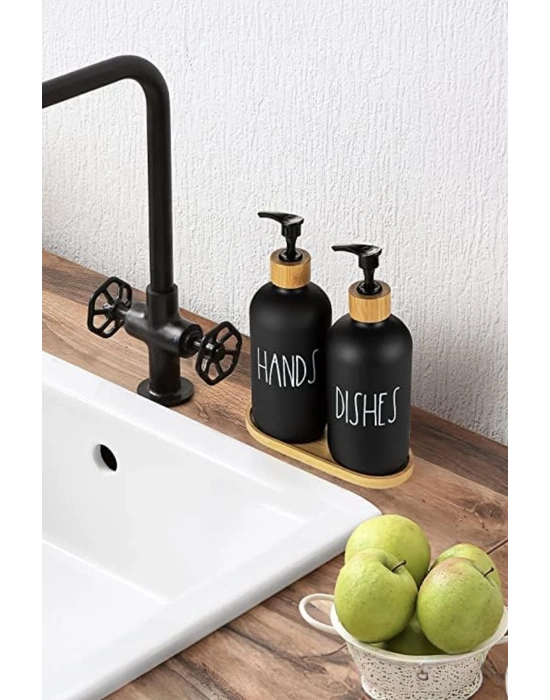 2 Li Bambu Altlıklı Sıvı Sabunluk Seti Siyah