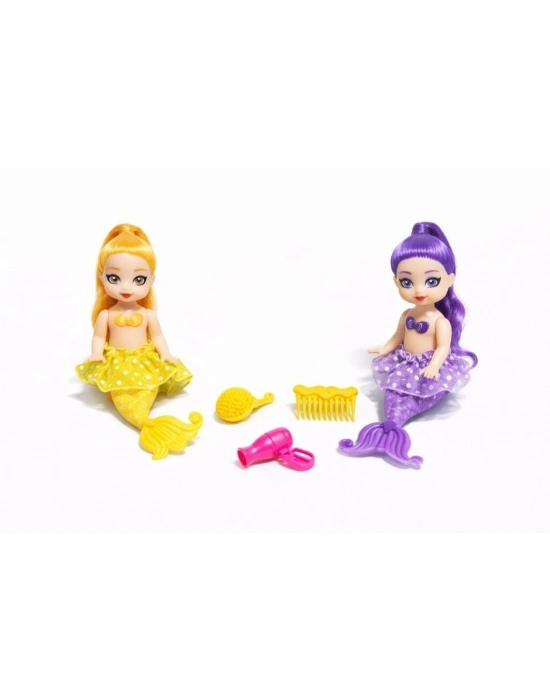 2li Deniz Kızı Bebek Seti - Hareketli Eklemler ve Aksesuarlı -Sarı & Mor