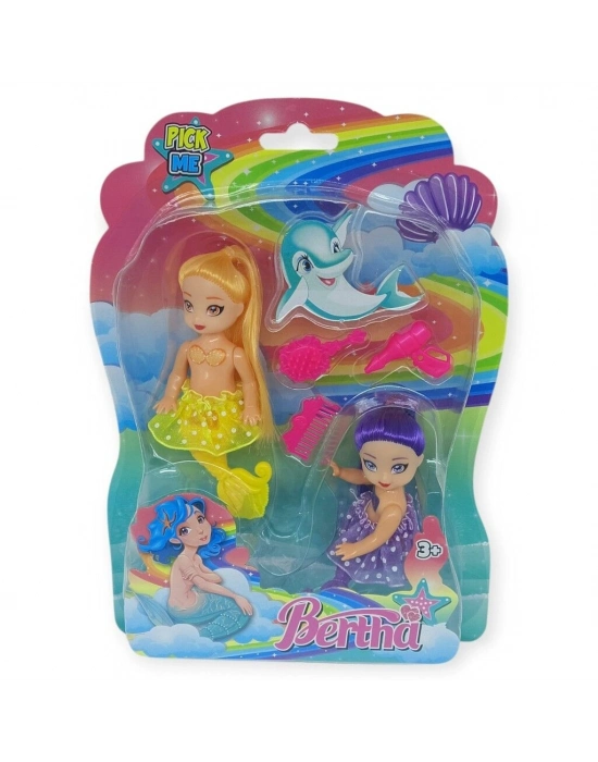 2li Deniz Kızı Bebek Seti - Hareketli Eklemler ve Aksesuarlı -Sarı & Mor