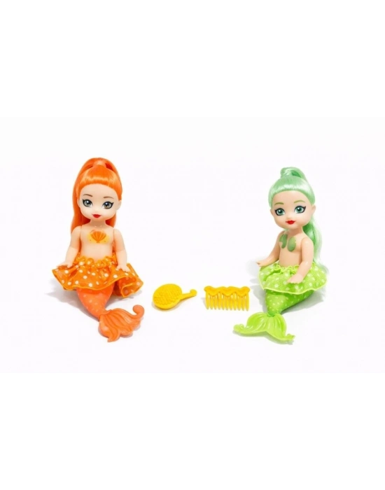 2li Deniz Kızı Bebek Seti - Hareketli Eklemler ve Aksesuarlı -Turuncu & Yeşil