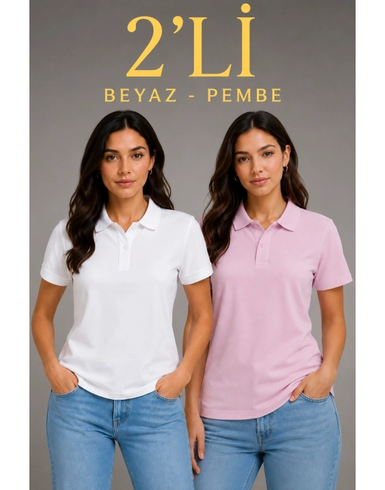 2li Kadın Polo Yaka Pike Kumaş Düğmeli Basic Tişört Günlük Rahat Kesim - Beyaz, Pembe