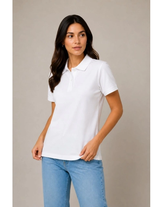 2li Kadın Polo Yaka Pike Kumaş Düğmeli Basic Tişört Günlük Rahat Kesim - Beyaz, Pembe