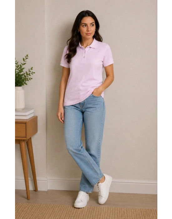 2li Kadın Polo Yaka Pike Kumaş Düğmeli Basic Tişört Günlük Rahat Kesim - Beyaz, Pembe