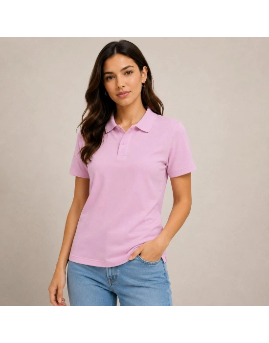 2li Kadın Polo Yaka Pike Kumaş Düğmeli Basic Tişört Günlük Rahat Kesim - Beyaz, Pembe