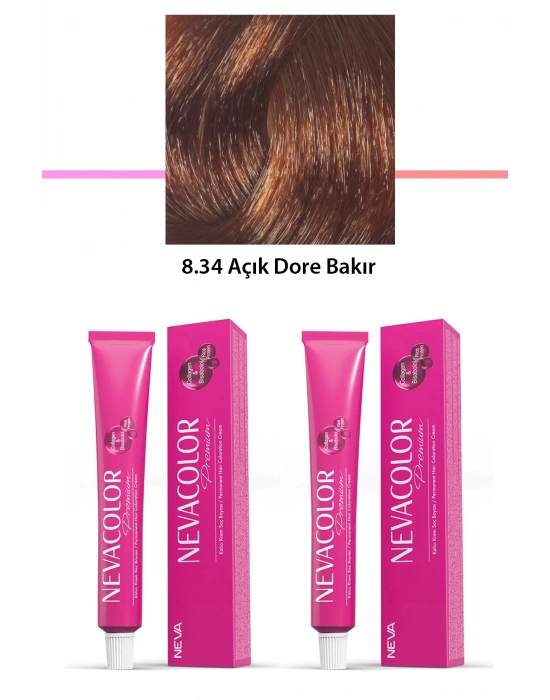 2 li Set Premium 8.34 Açık Dore Bakır - Kalıcı Krem Saç Boyası 2 X 50 g Tüp