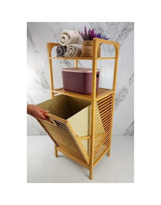 2 Organizer Raflı Ahşap Bambu Çek-Aç Kirli Sepeti