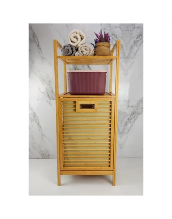 2 Organizer Raflı Ahşap Bambu Çek-Aç Kirli Sepeti