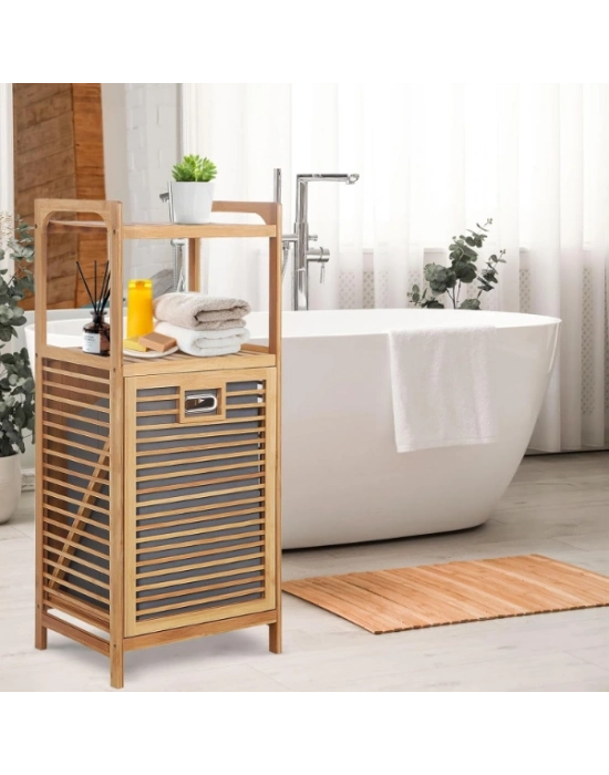 2 Organizer Raflı Ahşap Bambu Çek-Aç Kirli Sepeti