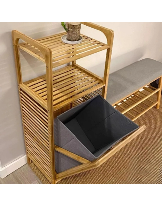 2 Organizer Raflı Ahşap Bambu Çek-Aç Kirli Sepeti