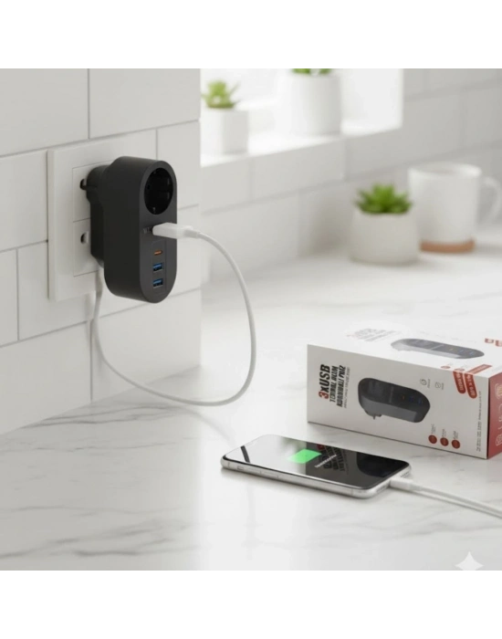 ®  2 USB,1 TYPE-C Girişli 1li Çocuk Korumalı,Isıya Karşı Dayanıklı 2500Watt Termal Akım Korumalı Priz