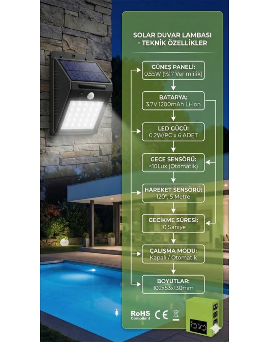 20 Ledli Hareket Sensörlü Dış Mekan Solar Lamba