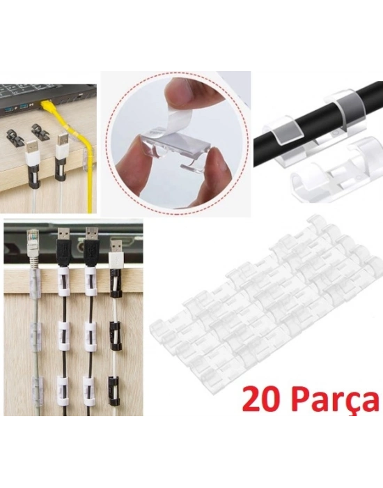 ® 20li Yapışkanlı Kablo Sabitleyici Şeffaf Klips