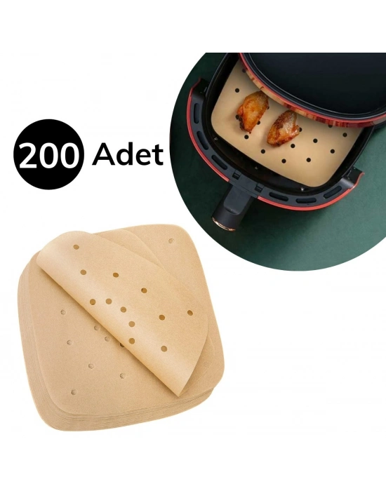 ®  200 Adet Air Fryer Pişirme Kağıdı Tek Kullanımlık Pişirme Kağıdı Delikli Kare Model