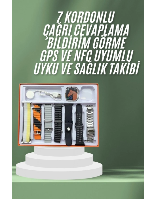 2.05 İnç IPS Ekranlı Akıllı Saat Sağlık Takip ve Spor Modları 7 Kordonlu