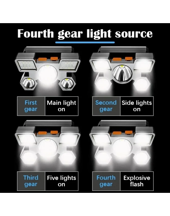 212 Model Şarjlı 5 Led 4 Modlu Cob Led Avcı Balıkçı Kamp Süper Kafa Lambası