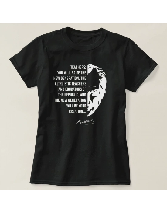 24 Kasım Öğretmenler Günü Temalı Baskılı Bisiklet Yaka T-shirt - Siyah