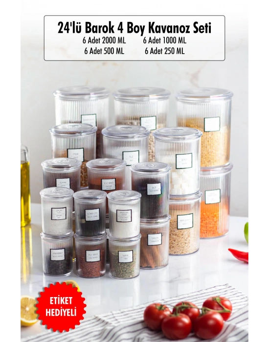 24lü Barok Yuvarlak 4 Boy Kavanoz Seti & Saklama Kabı & Erzak Kabı (6*2000 ML, 6*1000 ML, 6*500 ML, 6*250 ML)