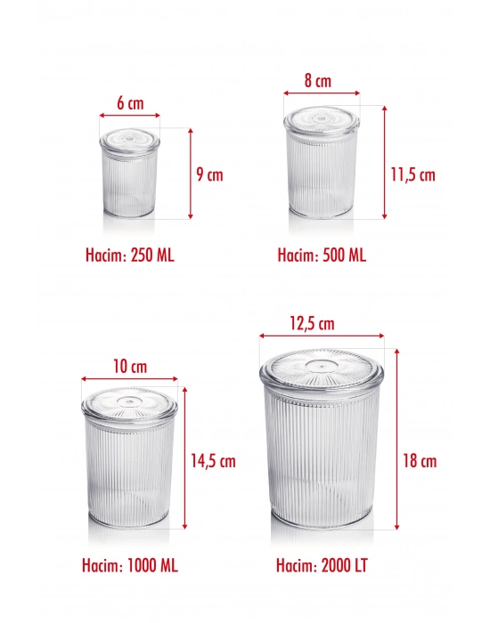 24lü Barok Yuvarlak 4 Boy Kavanoz Seti & Saklama Kabı & Erzak Kabı (6*2000 ML, 6*1000 ML, 6*500 ML, 6*250 ML)