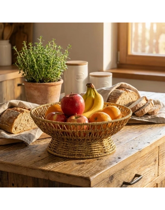 ®  25 cm Plastik Rattan Servis Çanağı – Doğal Hasır Görünümlü Dekoratif Meyve, Ekmek ve Sunum Kasesi