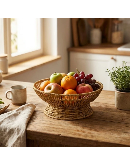 ®  25 cm Plastik Rattan Servis Çanağı – Doğal Hasır Görünümlü Dekoratif Meyve, Ekmek ve Sunum Kasesi