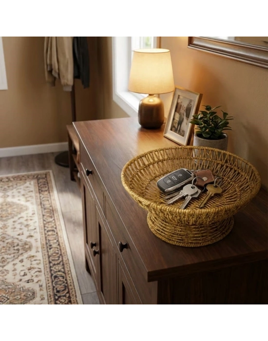 ®  25 cm Plastik Rattan Servis Çanağı – Doğal Hasır Görünümlü Dekoratif Meyve, Ekmek ve Sunum Kasesi