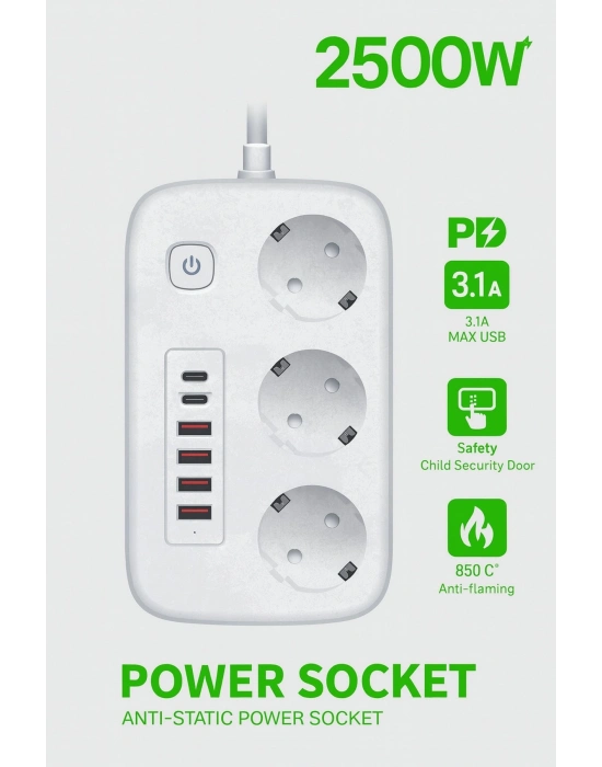 ® 2500W Çoklu Priz 2 METRE – 3’lü AC Priz +5 USB Çıkışı AKIM KORUMALI Alev Almayan Gövde,